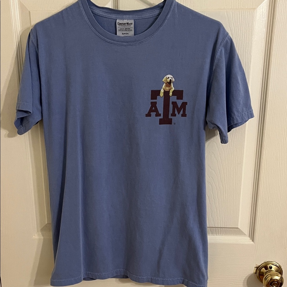 Texas A&M Comfort Colors Blue T-Shirt with Dog and A&M Logo